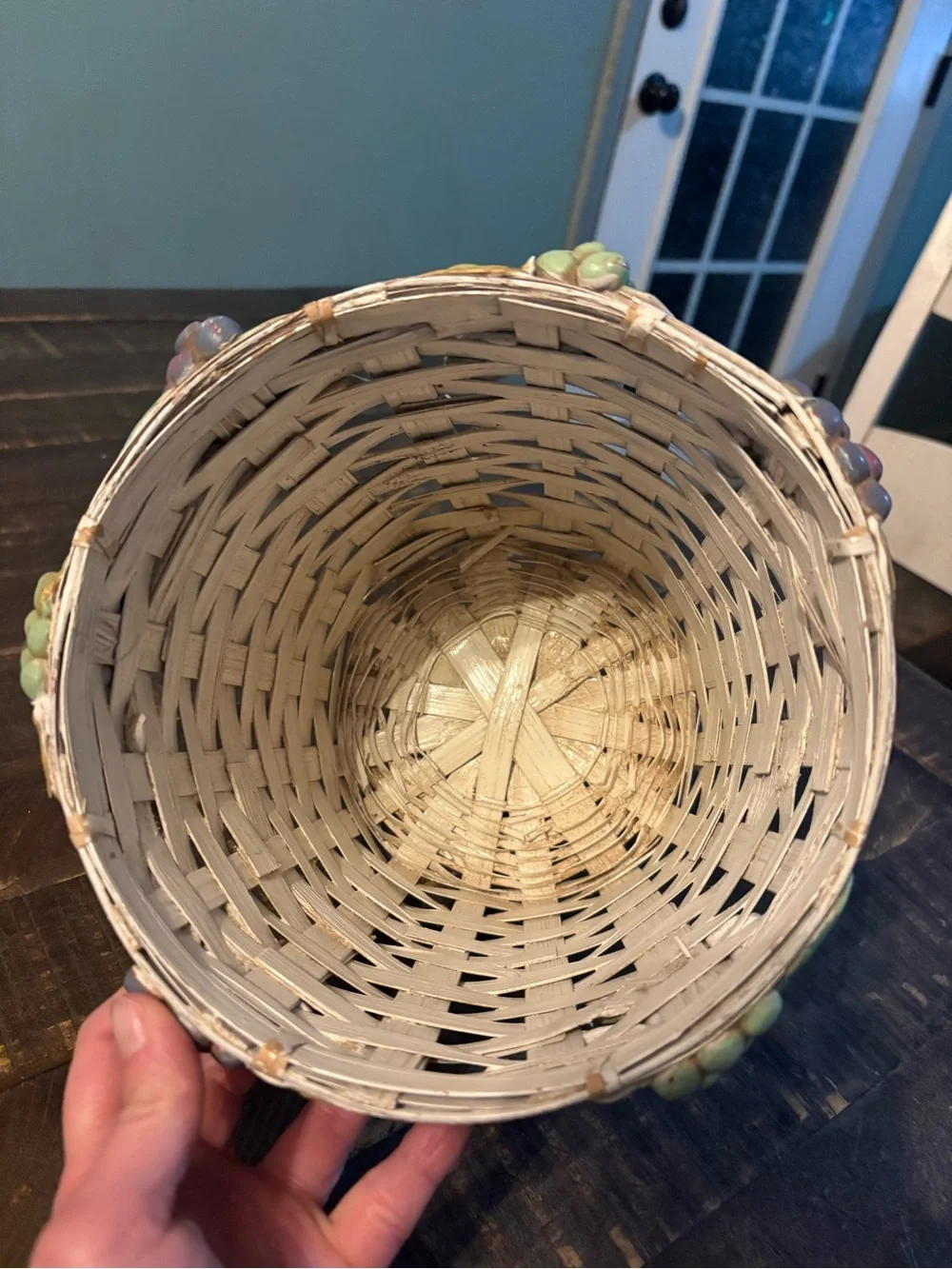 Decorative White Woven Basket Vines With Purple & Green Grape Accents Italian